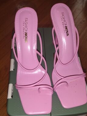 Fashion Nova Pink Strappy Square-Toe Heeled Sandals - Glossy Pink